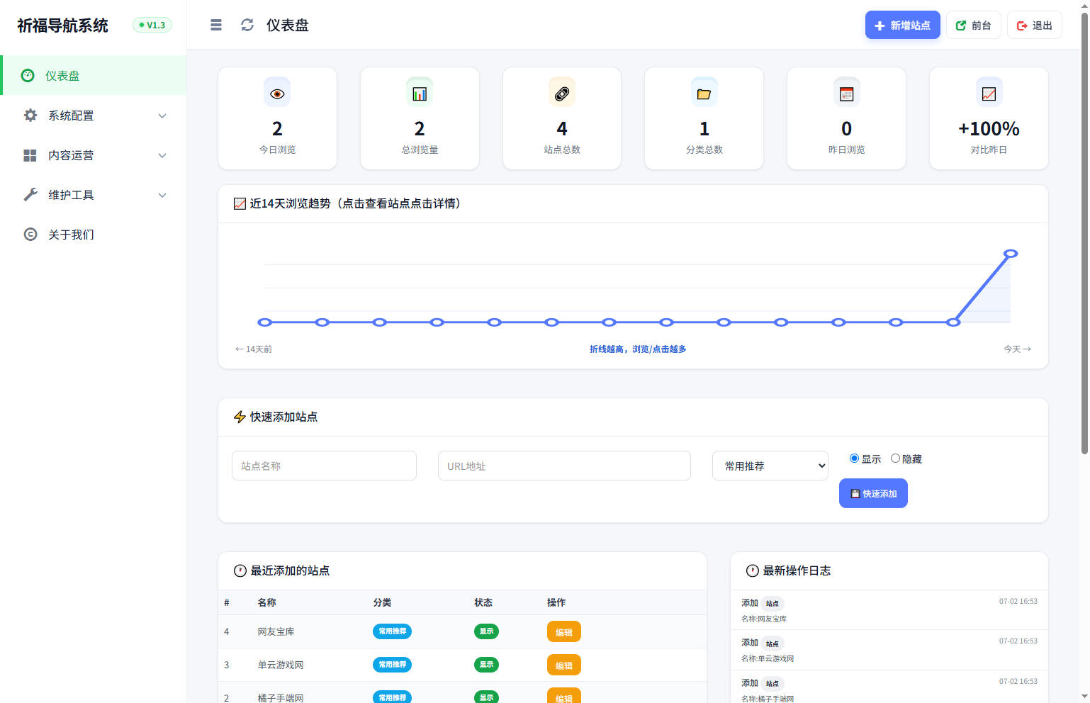 后台,系统,导航,管理,祈福导航系统V1.3 新增广告AD模式自动下架 优化后端UI和PHP版本等